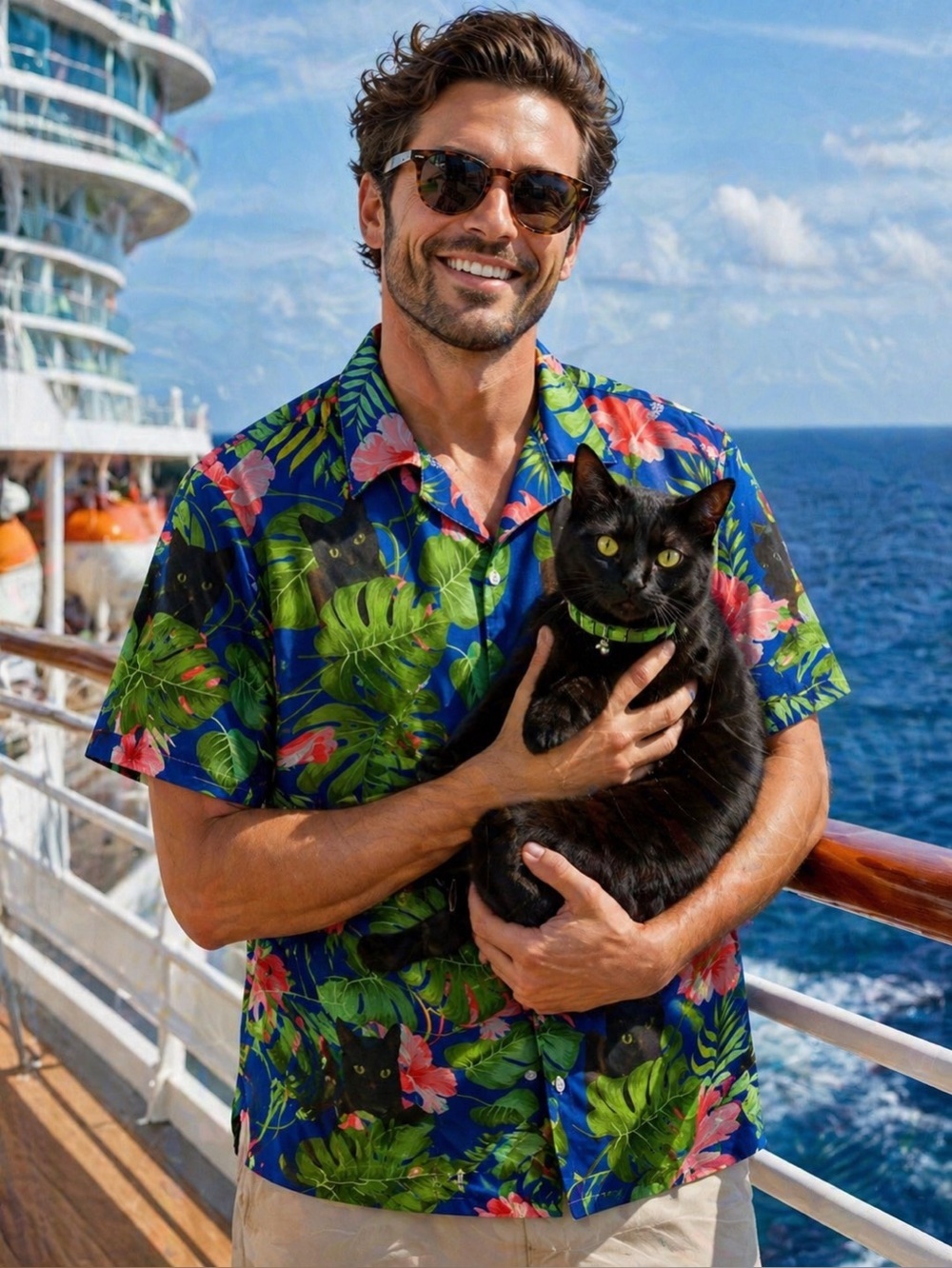 Black Cat Tropical Hawaiian Shirt Men’s Large Cruise Vacation Button Up